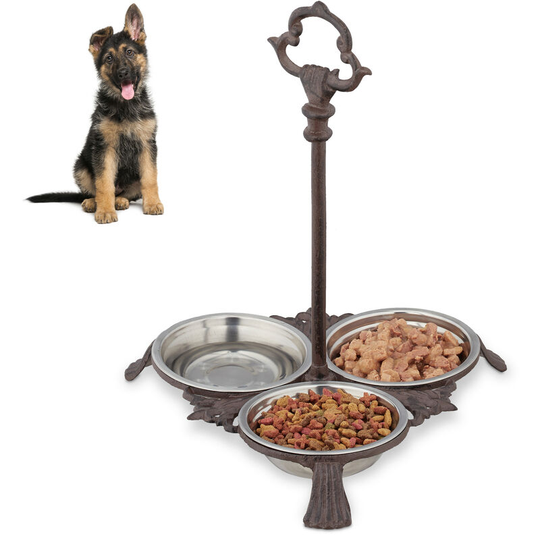 Relaxdays - Cast Iron Feeding Station for Cats & Dogs, 3 Stainless Steel Bowls, Antique, Handle, Outdoor, Dark Brown