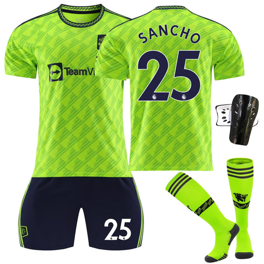 Red Devil Man l Away Game Fluorescent Green Soccer Suit No.25 with socks+protective gear, children's size 22