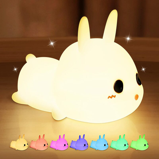 Perle Rare - Kids Night Light, 7 Colors Baby Rabbit Night Light, Kids Bedside Lamp Dimmable/USB Rechargeable/Tap Control/Timed led Silicone Night