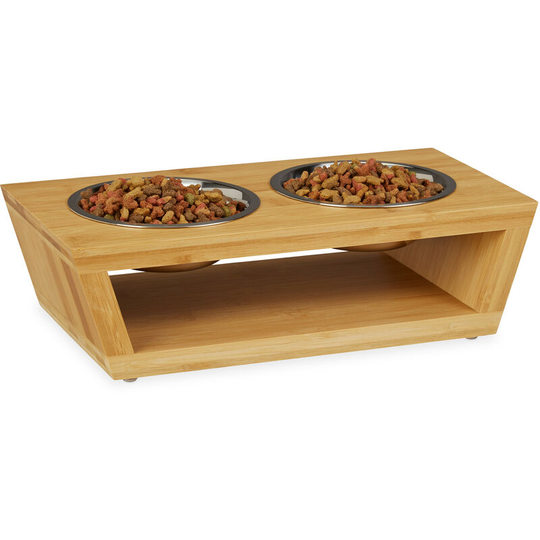 Relaxdays - Feeding Station, Bamboo Bowl Stand, Stainless Steel Bowl Set, Dishwasher Safe, Cats & Dogs, Natural-Silver