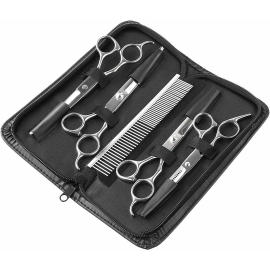 Deckon - 5PCS Grooming Kit Stainless Steel Scissors with Pocket Comb, Cleaning Cloth for Dogs, Cats, and Pets for Body, Face, Ears, Muzzle, Durable,