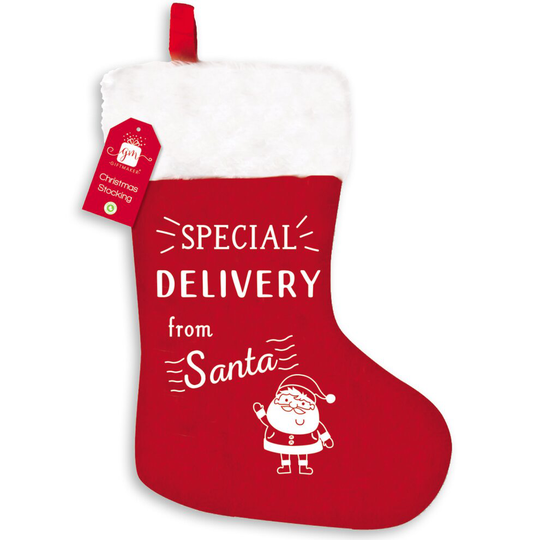 (Red & White "Special Delivery From Santa") Traditional Christmas Gift Stocking Various Designs
