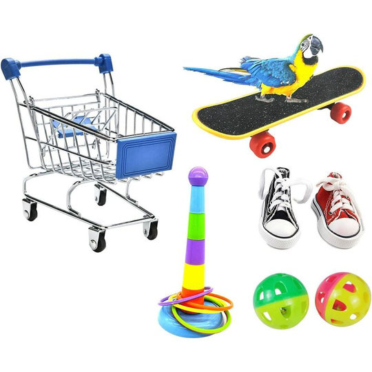 7PCS Parrot Mini Shopping Cart Training Ring Skateboard Shoes and Ball Parrot Training Intellectual Toys (Random Color)