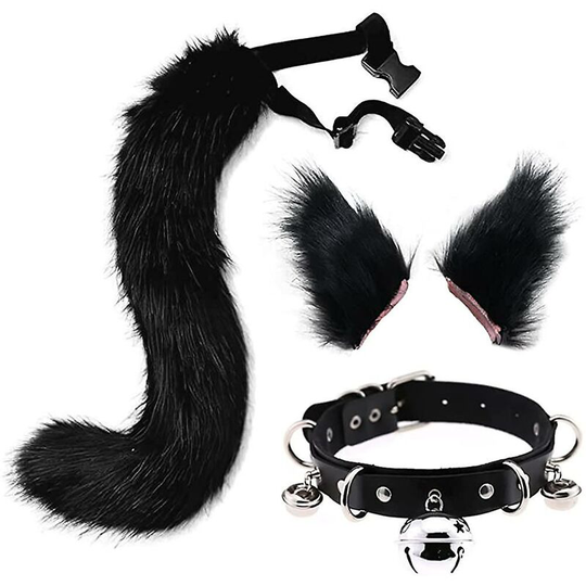 Thsinde - Cat Ears And Wolf Fox Animal Tail Cosplay Costume Faux Fur Hair Clip Headdress Halloween Leather Neck Chocker Set