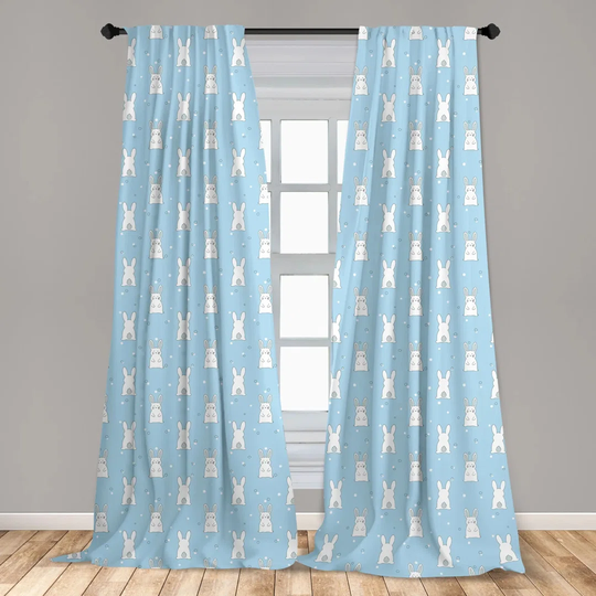 Easter Bunny Curtains, Simple Calm Tones Rabbit Illustration Pompom Tail, Window Treatments 2 Panel Set For Living Room Bedroom Decor, 150 Cm X 175 Cm