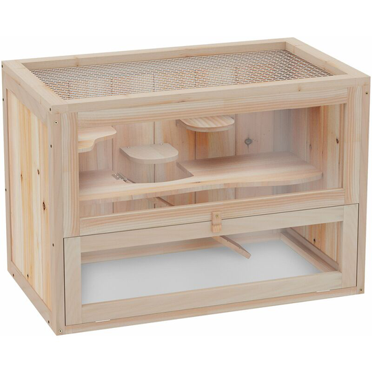 Pawhut - Wooden Hamster Cage Mice Rodents Hutch Small Animals 2 Levels 60x35x42cm - Natural wood finish