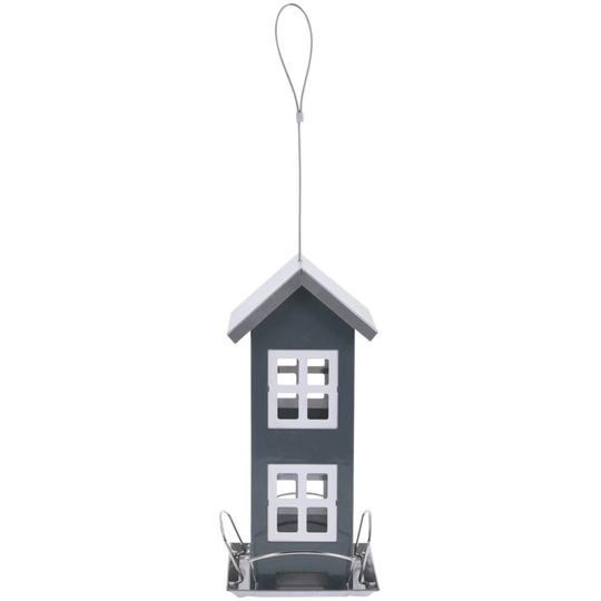 (Grey) idooka Wild Bird Feeder House Shaped contemporary metal design with contrasting roof dispenses seeds, peanuts complete with tree hanging lo