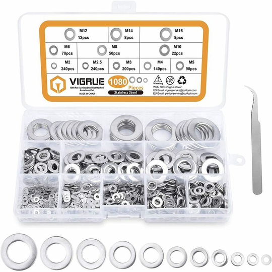 1080pcs flat washers in 304 stainless steel assortment, m2 m2.5 m3 m4 m5 m6 m8 m10 m12 m14 m16 flat washer for the sealing of the screws