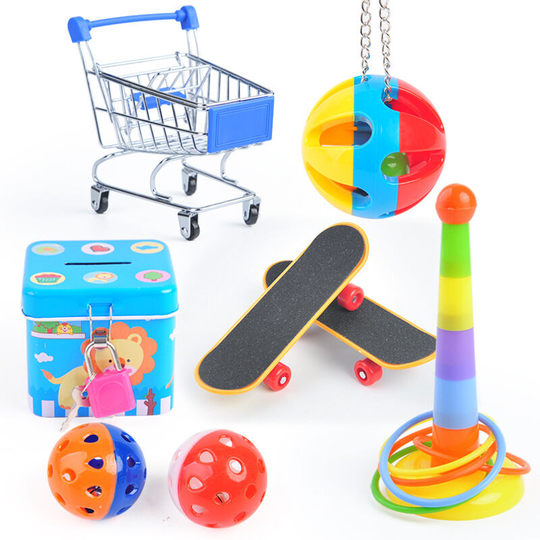 Parrot Toy Set, Parrot Skateboard Mini Basket, Mini Trolley,, Ferrule, Bell Ball Set.Bird Toy Parrot Toy Training Parakeet Toy (Random Color)
