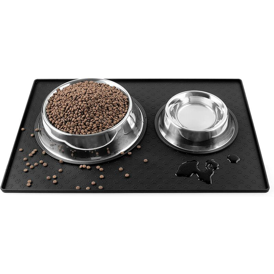Silicone Dog Cat Bowl Mat Waterproof Pet Feeding Placement Tray to Stop Cat Food Spills and Water Messes Out to Floor (L: 23.6x15.7in, Black)