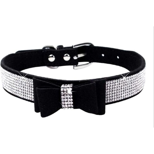 Dog collar with rhinestones, shiny, soft suede, for dogs and cats (size xs, black) - Langray