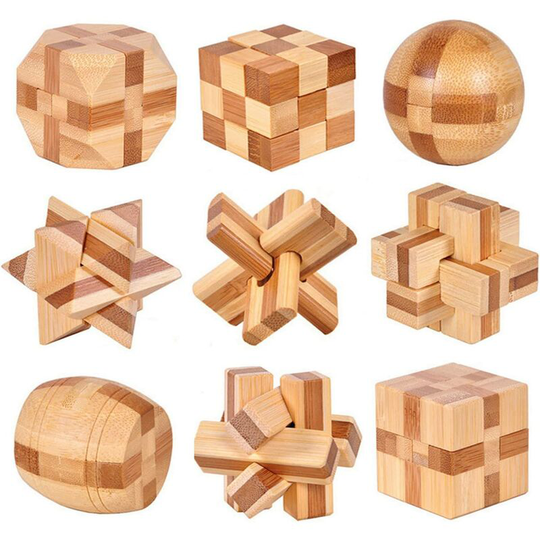 Set of 9 3D Wooden Puzzles iq Challenge Brain Teasers Lock Logic Intellectual Educational Toy Game Jigsaw Removing Assembling Cube Puzzle Gift Set