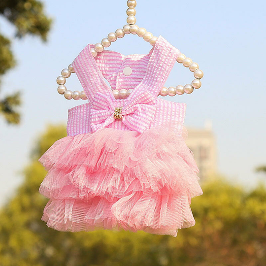 Dog Princess Dress Puppy Bow Dress Pet Totem Dress Striped Mesh Puppy Princess Summer Dress Small Medium Cat Puppy (M) back length 30 chest 40 weight