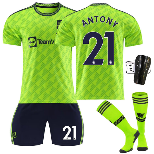 Red Devil Man l Away Game Fluorescent Green Soccer Suit No.21 with socks+protective gear, children's size 22