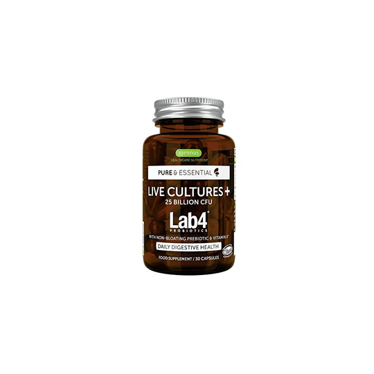 Live Cultures+ Lab4 Probiotics and Prebiotic, Gentle & Non-Bloating, Lactobacillus Acidophilus & Bifidobacterium, Vegan, 30 Capsules