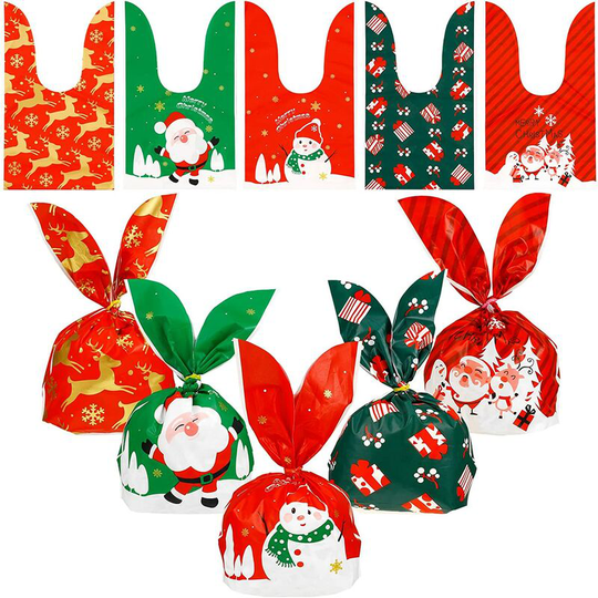 FVO - Christmas Gift Bags, 25Pcs Pattern Bag Pouch Sachet Christmas Candy Gift Bags Rabbit Ear Shape Food Bags Cookies for Christmas Party Birthday