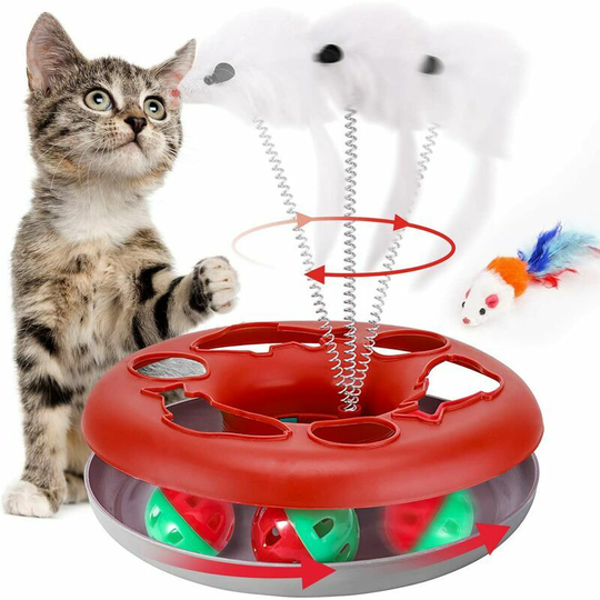 Cat Toys, Interactive Cat Toys for Indoor Cats, Kitten Toys Tracks with Catnip, Spring Pet Toy with Roller Balls Teaser Mouse (Red)