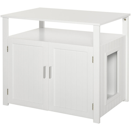 Wood Cat Litter Box Enclosure Furniture w/ Adjustable Interior Wall White - White - Pawhut