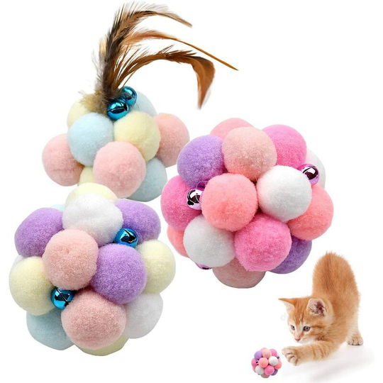 Betterlifegb - 3pcs 8cm cat colorful balls with bell, feather elastic ball, toy cat, interactive chat toy, colorful stuffed cat ball toy kitten