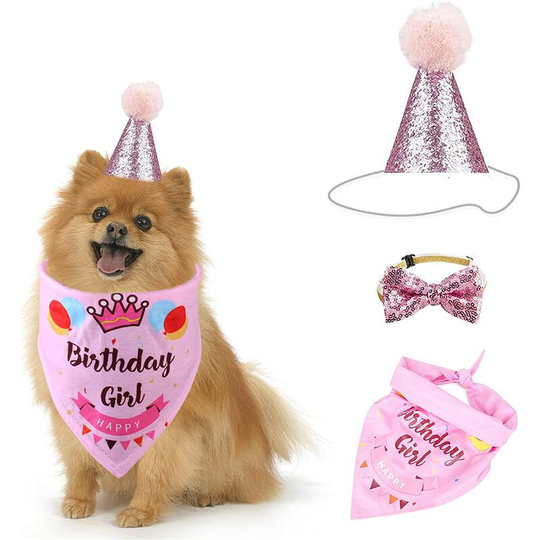Dog Party Decoration Pet Hat Party Decor Hats Set Pet Props Triangular Scarf Party Props Dogs Bow Tie,Birthday Decorations (Pink)