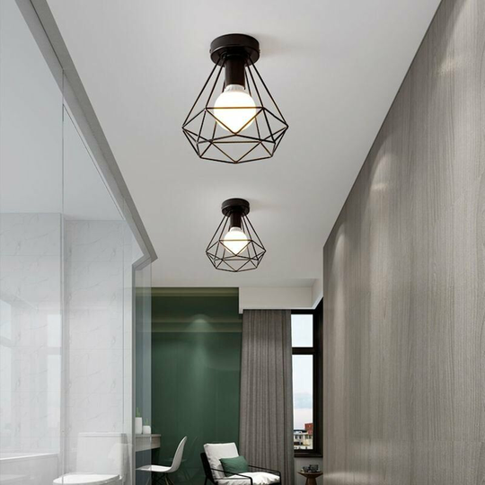 Pair Industrial Ceiling Light Black Metal Cage Square Iron Chandelier for Hallway, Aisle, Porch, Bedroom, etc