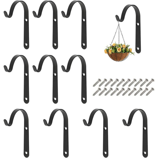 Perle Rare - 10 Pack Black Plant Hooks Wall Hanging Plant Hooks Basket Holder with Screws for Garden Lantern Gate Wind Chimes Bird Feeder (7*4.2cm)