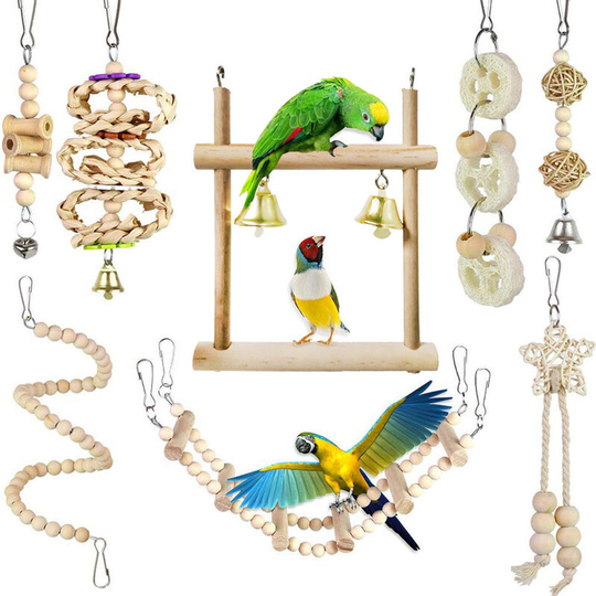 Lifcausal - 8 Pieces Parrot Chewing Toys Bird Toys Wooden Swing Soft Ladder Ladder Wooden Beads Rotating Stairs for Cockatiel, Conure, Mynah, Macow