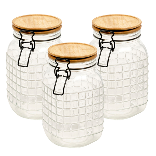 (Large 1.6L) Sets Of 3 Bamboo Swing Lid Embossed Glass Food Storage Jars