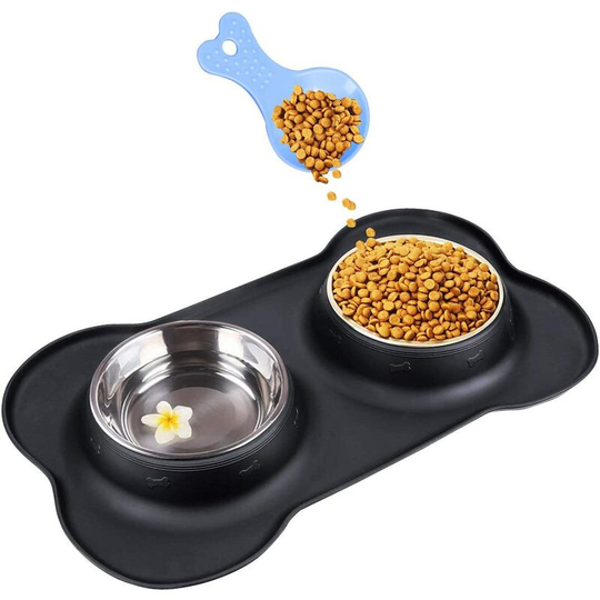 Benobby Kids - Hot double dog bowl - stainless steel / bowl puppy water and food bowl with non-slip and non-spill silicon tray pad for puppies, with