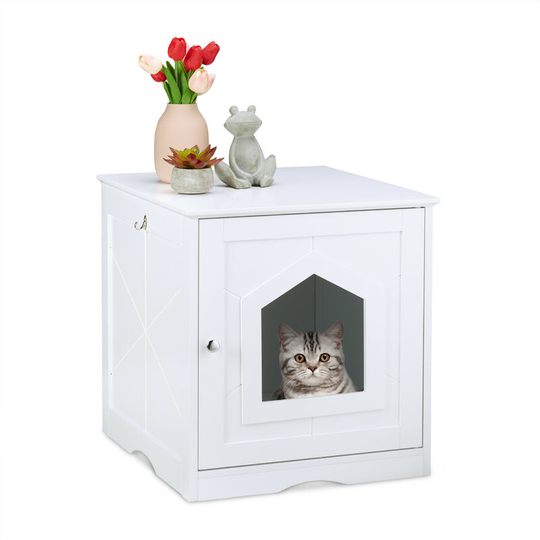 Cat Litter Box Cabinet, Wooden Cupboard Design, Cat Toilet Box, Pet House, h x w x d 52 x 48 x 53 cm, White - Relaxdays