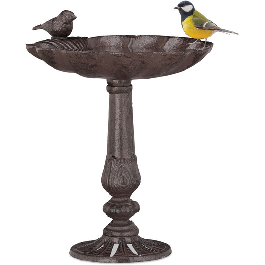 Relaxdays - Cast Iron Bird Bath with Stand, Garden Decor, Bird Feeder, Water Bowl, Wild Bird Feeder, Brown