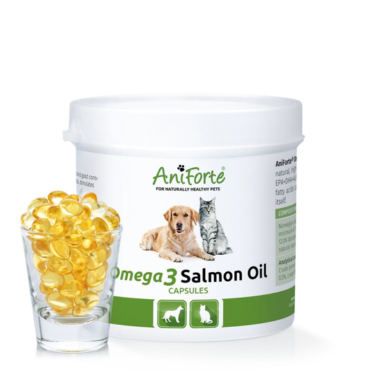 Salmon Oil for Dogs & Cats by AniForte - 200 capsules | 100% Natural Norwegian Fish Oil with Omega, 3 and 6 | Promotes Coat, Skin and Joint Health