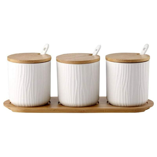 Ceramic condiment jar with lids Spoons Wooden serving tray for kitchen 9.5 * 28.5cm white