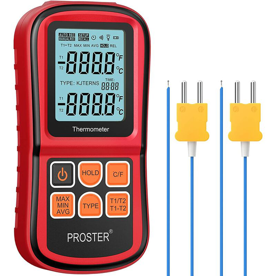 Dual Channel Digital Thermometer with Two Type K Thermometers with LCD Backlight for K/J/T/E/R/S/N Thermocouple