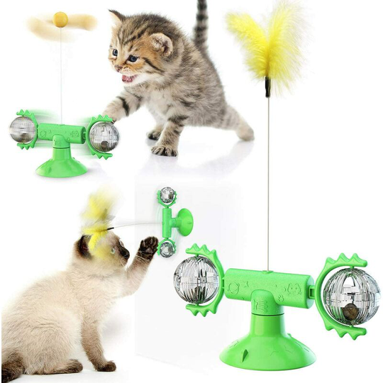 Cat Toy Windmill Interactive Cat Toy Turntable Cat Toy for Indoor Cats with Suction Cup Funny Cat Feather Toy with Natural Feather (Green)