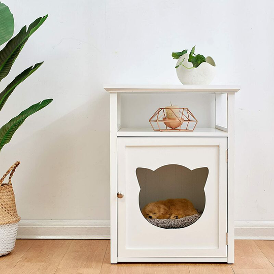 Meriden Furniture - Cherry Tree Furniture bastet Wooden Cat Cave Bedside Cabinet | Litter Box | Cat House Nightstand (White) - White