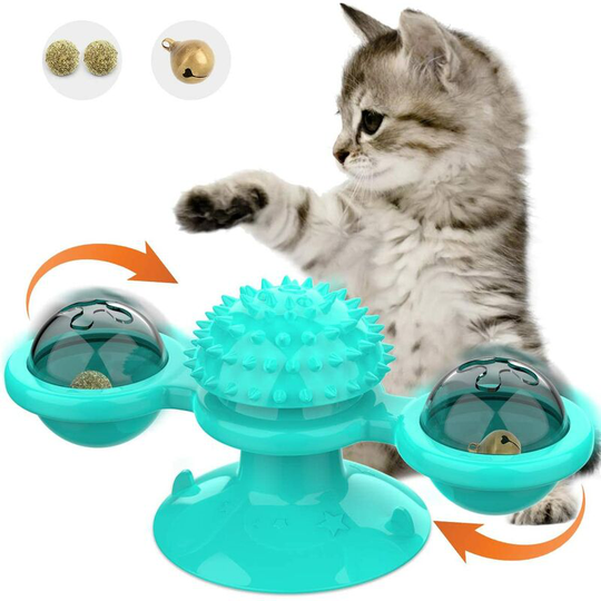 Interactive Cat Toy, Rotating Windmill Cat Toy, Chew Toy Record Player Hairbrush Pet Toys Cat Catnip - Blue