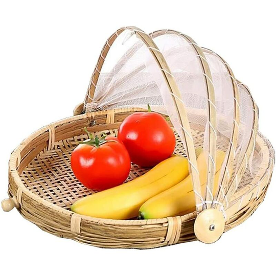 Goodchanceuk Dust Resistant Hand Braided Bamboo Picnic Basket with Hanging for Fruits, Vegetables and Bread, Bamboo, Style 3, Dia.30cm