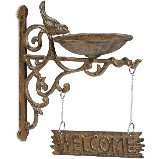 Relaxdays Cast Iron Hanging Bird Bath with WELCOME Sign, Garden Decor, Feeding Bowl, Font for Wild Birds, Brown