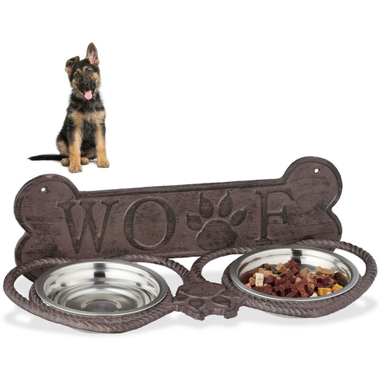 Relaxdays - Cast Iron Feeding Station, Wall-Mount, 2 Stainless Steel Bowls, Antique Design, Dark Brown