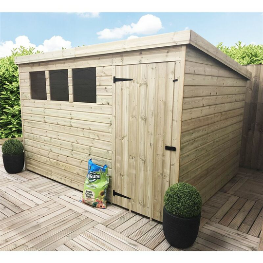 10 x 6 Pressure Treated Tongue And Groove Pent Shed With 3 Windows And Single Door + Safety Toughened Glass