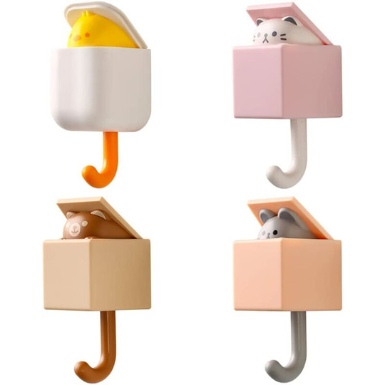 4 Pieces Coat Hooks Cute Cat Shape Punch Free Adhesive Hooks - Muff