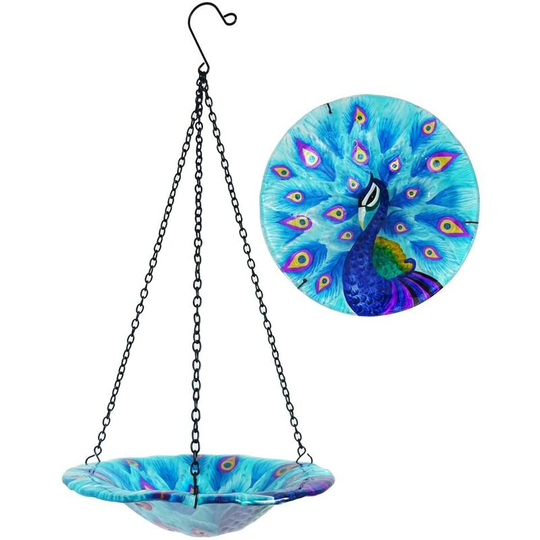 Peacock Decor Collection 8 'Glass Tray Metal Art Peacock Plate Hanging Bowl Bird Feeder Birdbath, Total Height 17' Chain Included