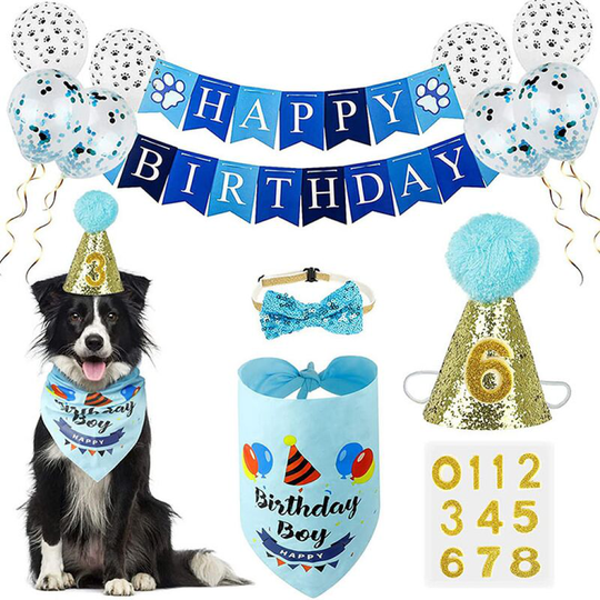 Dog birthday party supplies, with dog bandana, happy birthday banner, hat, ballo.