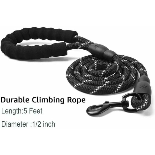 Rope Dog Leash with Soft Padded Handle and Durable Nylon Reflective Threads Safety Leash 1.5m Climbing Rope Twist Dog Leash for Small Medium- Black