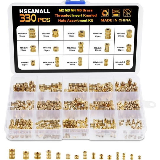 Monly - Female Thread Knurled Nuts, M2 M3 M4 M5 Brass Threaded Inserts Nut Assortment Kit, 330-Pack
