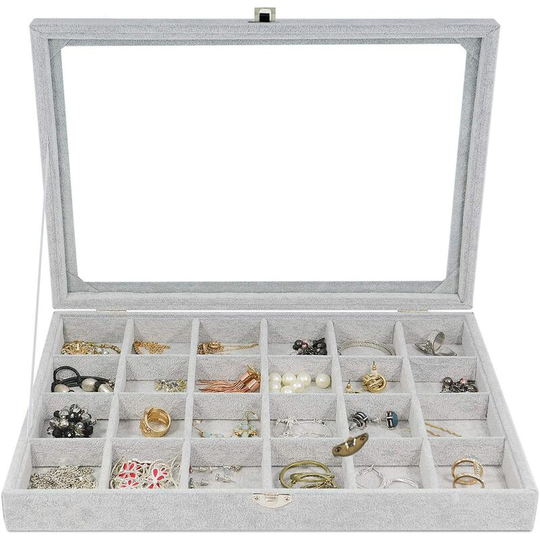 Multi-Function Slot Velvet Glass Jewelry Box Organizer Case Tray Holder Earrings Storage Box (24 Slot)