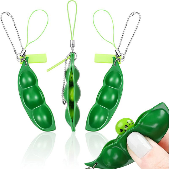 3 Pieces Fidget Bean Toy Funny Facial Expression Bean Fidget Toy Soybean Extrusion Bean Pea Soybean Edamame Keychain Keyring for Children and Adults