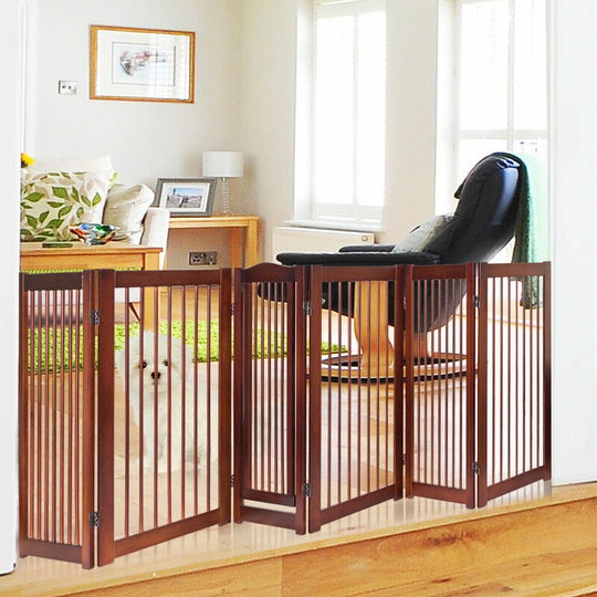 6 Panel Wooden Dog Gate Folding Baby Kids Safety Barrier Fence with Small Door