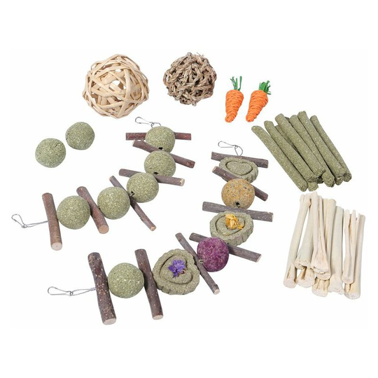 Bunny apple sticks, a bunch of bunny chew toys, guinea pig snacks and pet food
